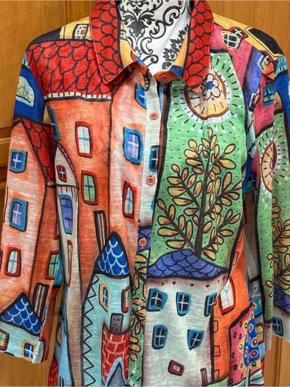 Shana Art-to-Wear Village Print Mesh Tunic Shirt L/G
